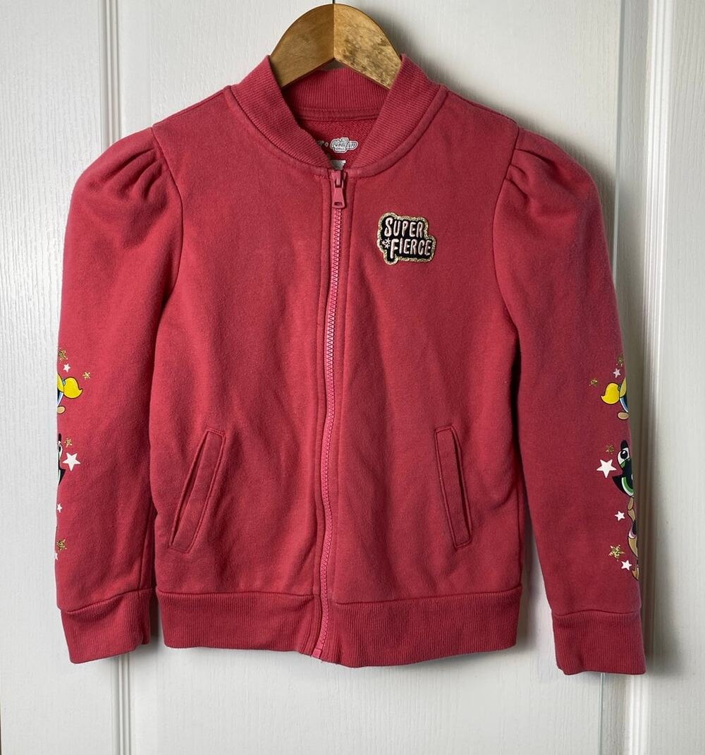 Power Puff Girls Pink Puff Sleeve Full Zipper Knit Jersey Jacket Girls Size 8